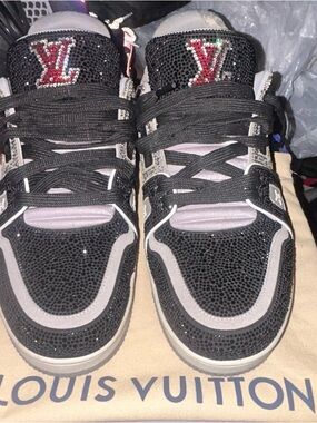 Louis Vuitton Black Crystal Low-Top Sneakers with Red LV Accent